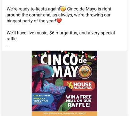 Facebook ad example inviting patrons for Cinco de Mayo