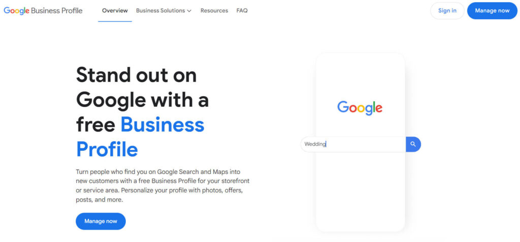 screenshot of Google Business Profile homepage