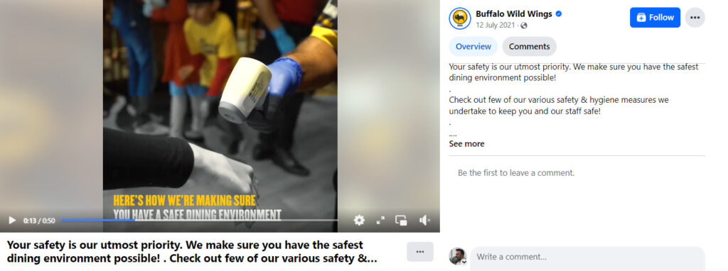 Buffalo Wild Wings displaying safety and hygiene