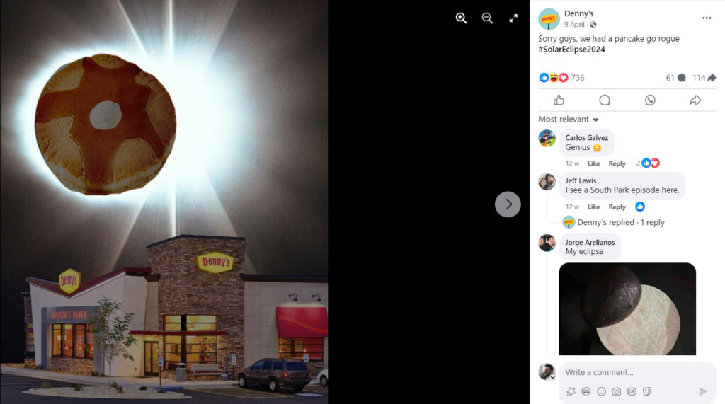 Solar Eclipse meme post by Denny’s