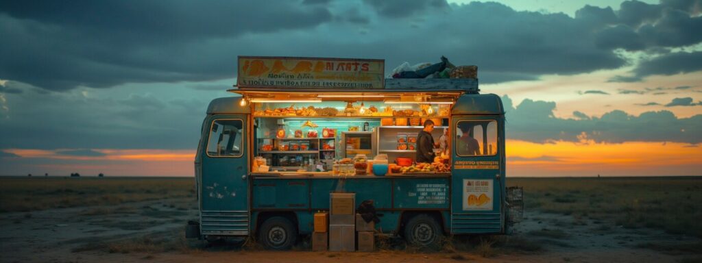 A food truck with a beach background