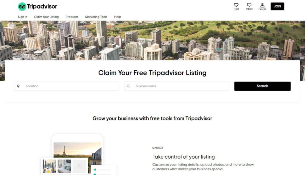 screenshot of trip advisor business page