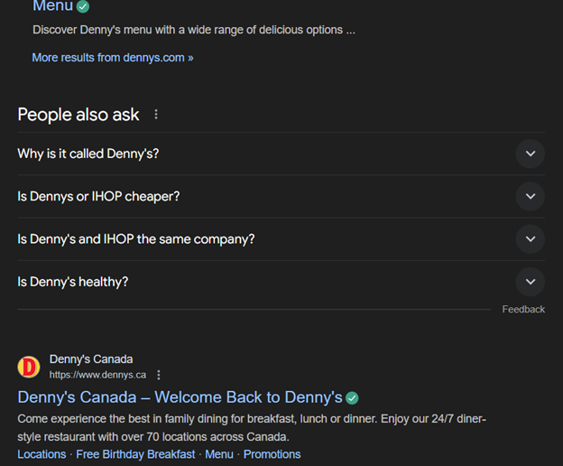 A sample of “People Also Ask” section for Denny’s