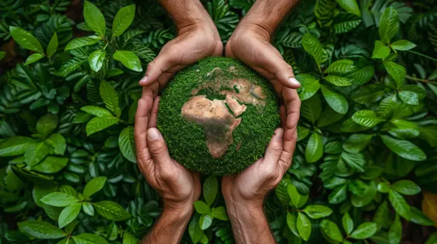 A green globe encircled by hand representing sustainability to increase sales for a restaurant