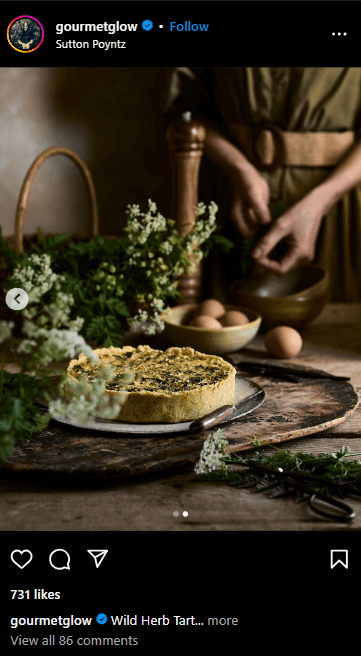 Instagram post of wild herb tart exemplifying food photography tips for a restaurant 