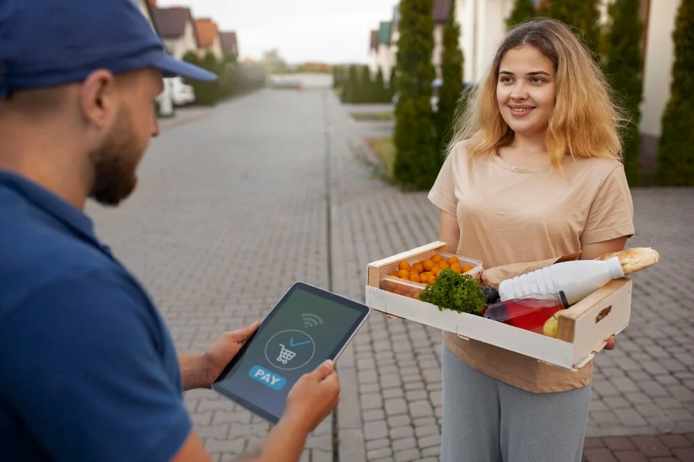 A food delivery professional uses a tablet to accept payment from a customer