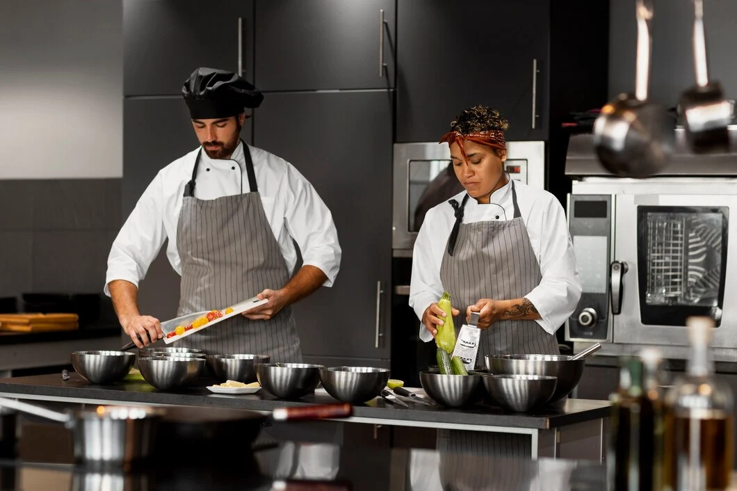 Two chefs in a professional kitchen prepare ingredients, demonstrating efficient restaurant operations management